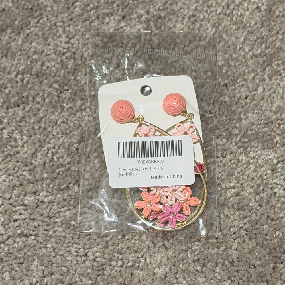 Gold Hoop Earrings with Pink and Coral Floral Embroidery